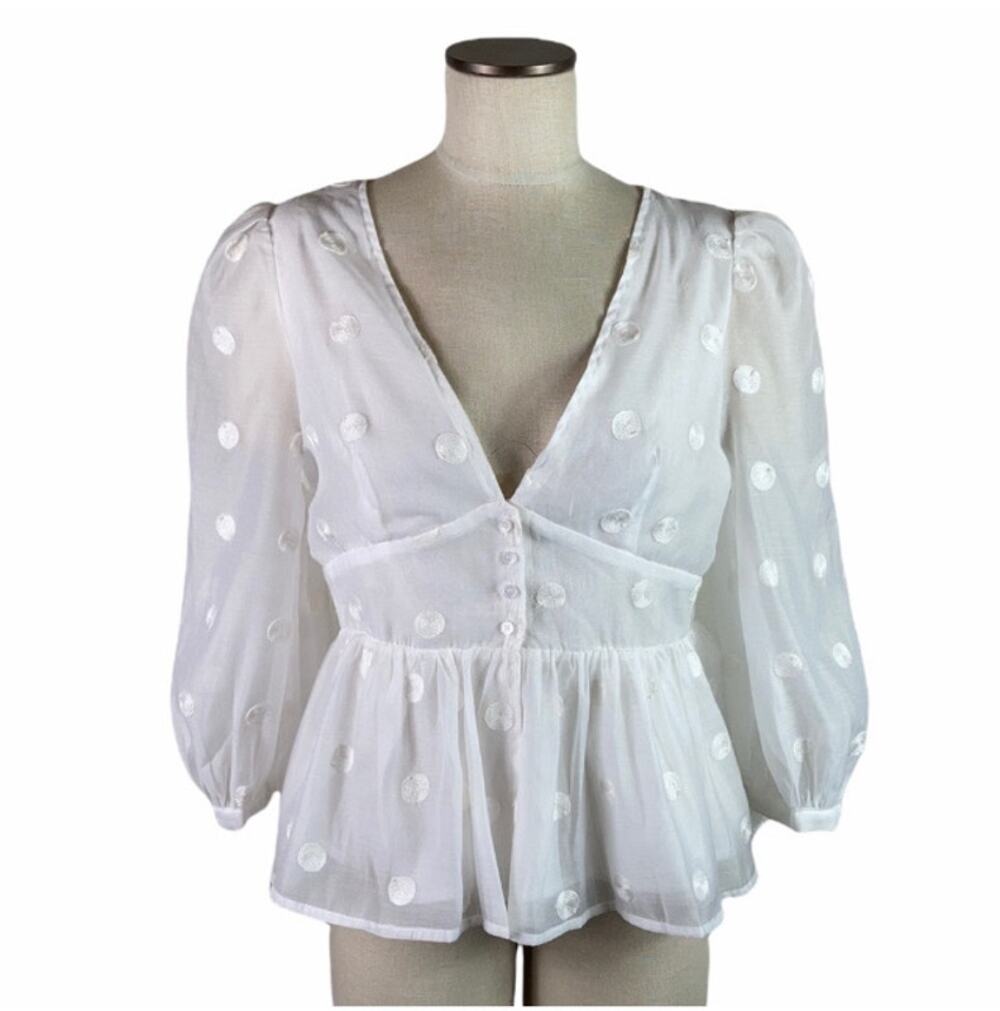Emory Park White Floaty Polka Dot Button Peplum Sheer Romantic Top Blouse S
